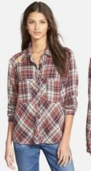 Free People Plaid Lace Gauzy Flannel Snap Button S‎ thumbnail 1