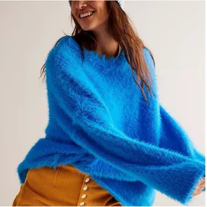 Free People Harrison Bunny Crew Neck Sweater Malibu Blue Fuzzy Eyelash‎ S NWT thumbnail 1