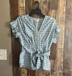 Max Studio New Ruffle Tie Front Blue Plaid Blouse Women’s Size small thumbnail 1