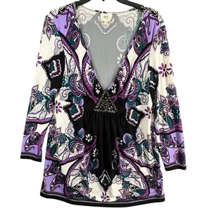 ECI Y2K Babydoll Tunic Dress L Purple Paisley Studded Top Fairy‎ Whimsygoth Boho thumbnail 6