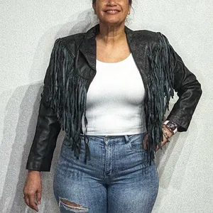 Vintage Black Leather Western Moto Fringe Cropped Jacket Sz M thumbnail 1