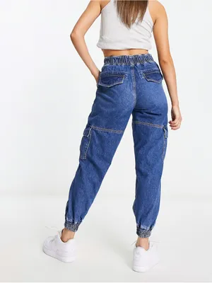 River Island High-Waist Blue Denim Cargo Jogger Jeans Size 10 NWT thumbnail 3