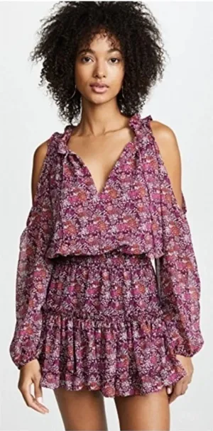 MISA Los Angeles Yesenia‎ Mini Dress Floral Tassle Cold Shoulder Cottagecore XS thumbnail 1