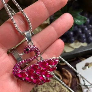 Beautiful GOLD PLATED Swan with pink/violet crystals pendant and chain thumbnail 1