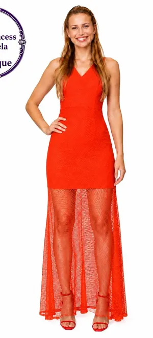 Red Orange Long Mesh Bottom Dress-Small thumbnail 1