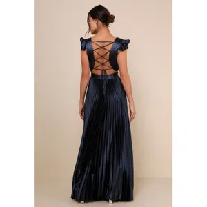 NWT Lulus Exceptional Drama Navy Blue Satin Lace-Up Pleated Maxi Dress Luxe Sz L thumbnail 3