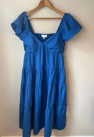 Lucy Paris Blue Tiered Babydoll Midi Dress Puff Sleeve Cottagecore Smocked Back thumbnail 1