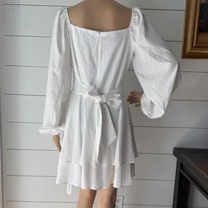 LYANER Wrap Tie Back Square Neck Double Layer Ruffle Hem A Line Mini Dress Sz M thumbnail 5