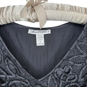 Vintage Silken Poetry‎ S Silk Black Beaded Crochet Lace Top Whimsigoth Fairy thumbnail 4