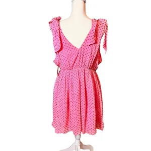 BuddyLove Melanie Tie Shoulder Mini Dress Pink Black‎ Polka Dot V-Neck Large NWT thumbnail 3