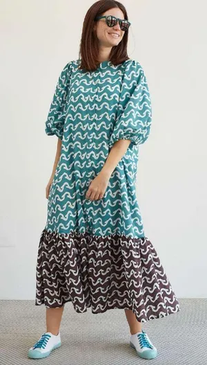 Dr. Bloom Blue Brown Patterned Tiered Maxi Dress 100% Cotton Size Medium thumbnail 1