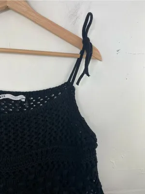 ZARA Black Crochet Knit Tie Strap Crop Tank Top Boho Festival Beach Cover-Up S thumbnail 4