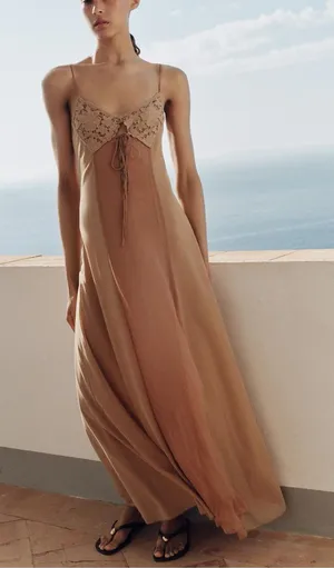 Zara NWT dusty pink Lace crochet bust Slip Maxi flowy mesh Dress thumbnail 1