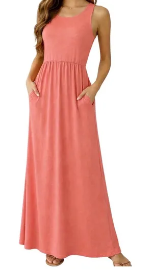 Tall Boutique Maxi Dress S/M Coral Orange Flowy Sleeveless Vacation Beeson River thumbnail 1