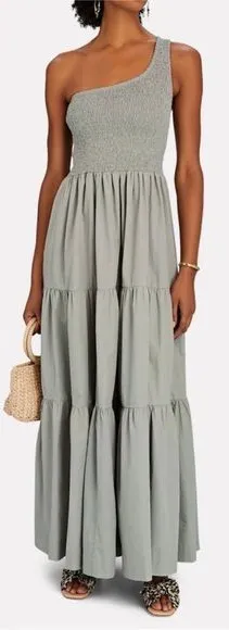 SWF x Revolve Smocked One Shoulder Maxi Dress Womens M Light Green Tiered Cotton thumbnail 1