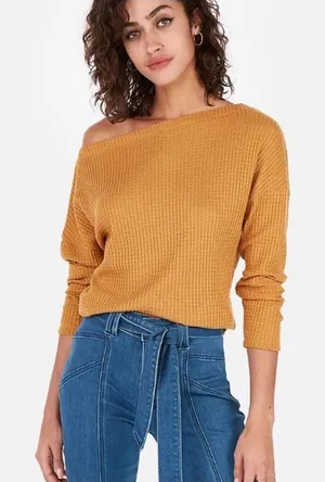 Express Mustard Waffle Knit Off Shoulder Top M thumbnail 1