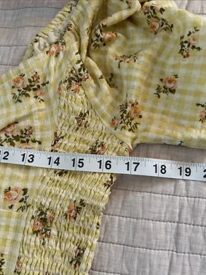 RVCA Gretel yellow gingham Floral smocked cottage puff Sleeve Mini Dress L thumbnail 10