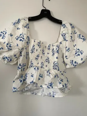 White Blue Floral Peplum Top Large Cottagecore Coquette Puff Sleeve Tie Front thumbnail 2