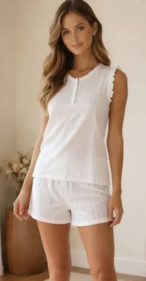 You Say Pajama Set Women x-Small White‎ Henley Ruffled Short Set thumbnail 1