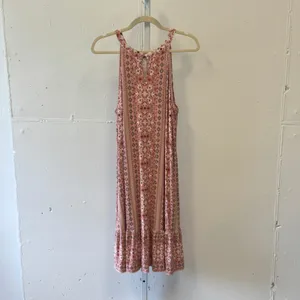 LOFT Outlet Pink Floral Medallion Halter Swing Dress XL Ruffle Hem Keyhole Back thumbnail 2