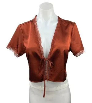 Princess Polly Brown Silk Satin Vintage Short Sleeve Tie Up Cropped Top Size 6 thumbnail 1