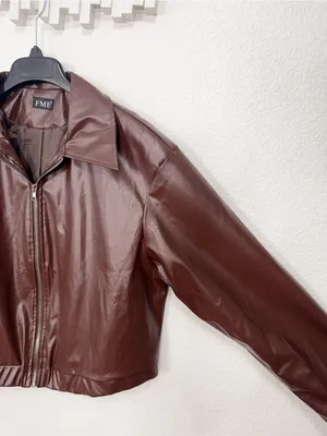 Amazon Brown Faux Leather Collared Zip Front Cropped Bomber Jacket thumbnail 5