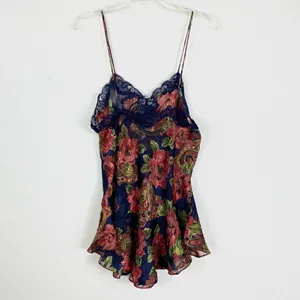 Vintage 80’s Victoria’s Secret Gold Label Navy & Red Floral Paisley Slip Chemise thumbnail 2