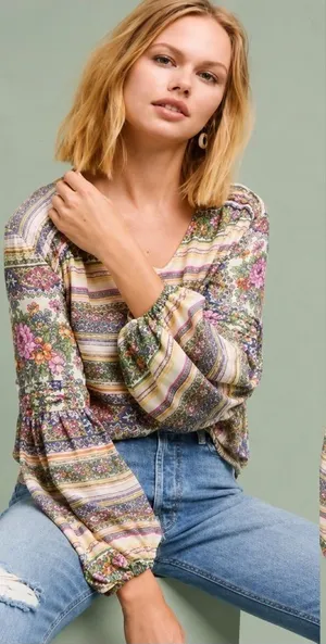 🌸 Maeve by Anthropologie Floral Boho Blouse XS Puff Sleeve Peasant Top‎ 🌸 thumbnail 1