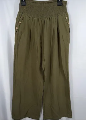 Olive Green Smocked Waist Wide Leg Pants M thumbnail 1
