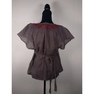 Free People Embroidered Linen Peasant Blouse Square Neck Tie Back Brown Boho A thumbnail 2