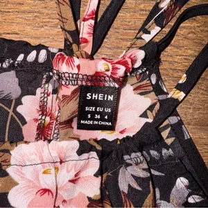 SheIn Black and Pink Floral Print Split Thigh Halter Maxi Dress with Slit thumbnail 14