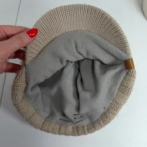 Y2K Adidas OSFM Visor Beanie Tan Cable Knit Fleece Lined Leather Logo Hat thumbnail 7