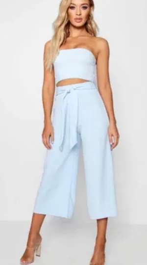 Boohoo Sky Blue Tie-Waist Co-ord Culotte Pant Set thumbnail 1