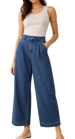 Tommy Hilfiger Denim Pants Women M Blue High Rise Wide Leg Pleated Cropped Jeans thumbnail 1