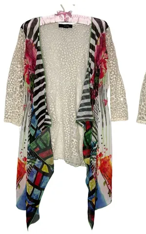 Ali Miles L Tunic Top Artsy Art To Wear Boho Lagenlook Colorful Flowy Lace Sheer thumbnail 1