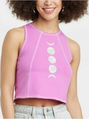 Mighty Fine Women's Celestial Moon Graphic Cropped Tank Top Purple Size L thumbnail 1