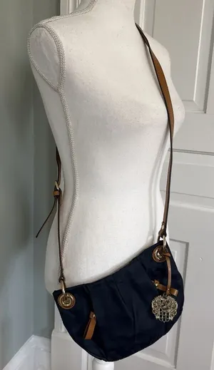 Vince Camuto Cris Blue Nylon Brown‎ Leather Crossbody Tassel Bag Gold thumbnail 1