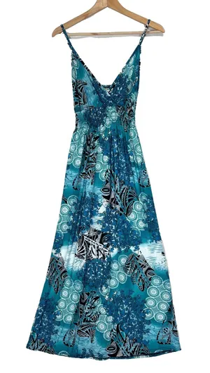 Smocked Empire Waist Maxi A-line Dress Sz S Turquoise‎ Boho Beach Feminine Ocean thumbnail 1