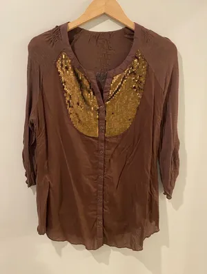 Nine West Vintage America Collection Button-Front Top with Gold Sequins thumbnail 1