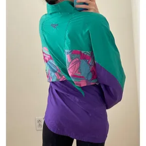 Vinatge 90s Reebok Windbreaker Cinch Waist Full Zip Green/Purple Abstract Design thumbnail 10