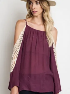 Umgee Cold-Shoulder Crochet Sleeve Top thumbnail 1