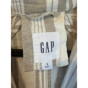 Gap Linen Blend Striped Shirt Dress Womens Small Tan White Long Sleeve Belted thumbnail 2