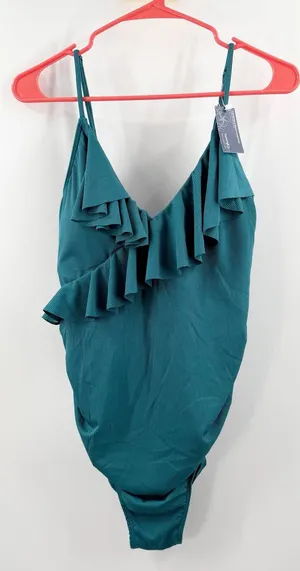 Summer Mae Maternity Swimsuit SZ Medium One Piece Teal Rib Ruffle V Neck NWT thumbnail 1