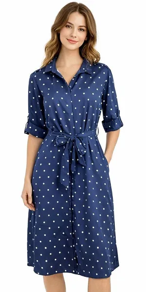 Tokyo Talkies Urban Navy Blue Polka Dot Belted Midi Dress Sz XL thumbnail 1