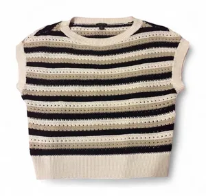Ann Taylor Striped Crewneck Sweater in Black & Cream with Taupe Accents Sz M thumbnail 1
