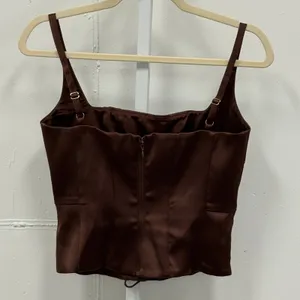 Oh Polly Chocolate Brown Satin‎ Lace Up Corset Top Square Neck US 4 Party Sexy thumbnail 3