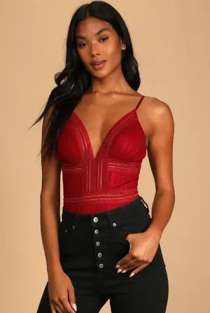 Lulu’s Casita Wine Red Lace Sleeveless Bodysuit thumbnail 1
