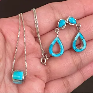 Sterling Silver Turquoise Inlay 16” Necklace and Earrings Set thumbnail 4