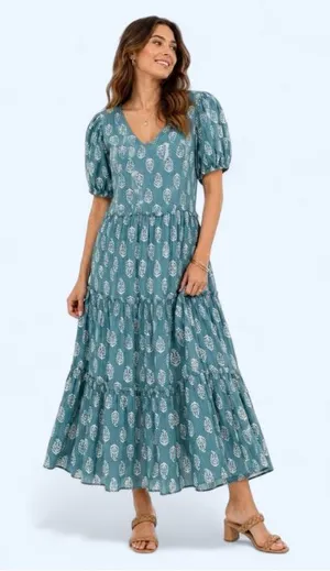 Lucky Brand Women's Teal Puff-Sleeve Tiered Maxi Dress Size Medium Boho Flowy thumbnail 1