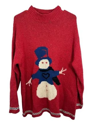 Vintage Northern‎ Isles Red Snowman Mock Neck Knit Sweater Women's L Holiday thumbnail 1